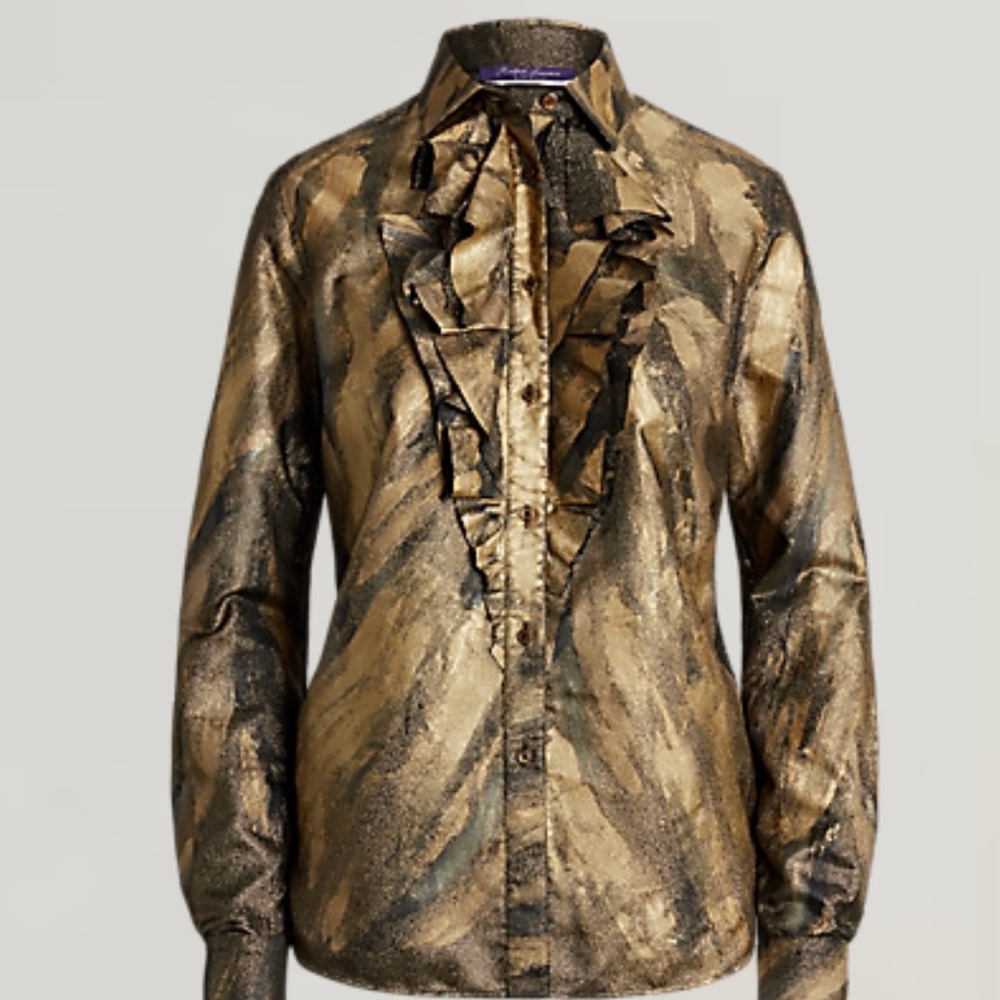 Ralph Lauren Purple Label Keara Ruffle-Trim Metallic Shirt made in Italy